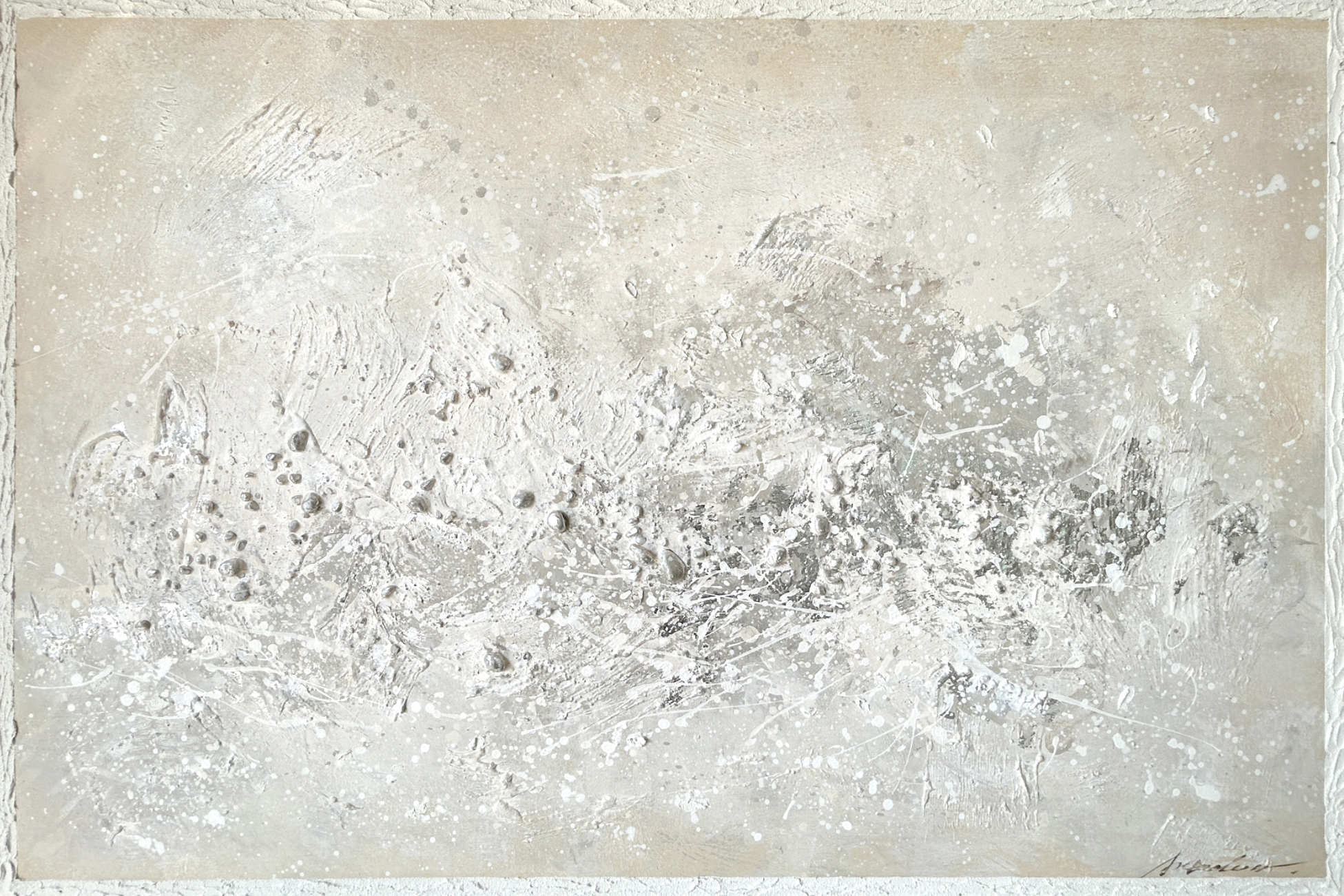 Real abstract painting in pale stone, white and taupe tones