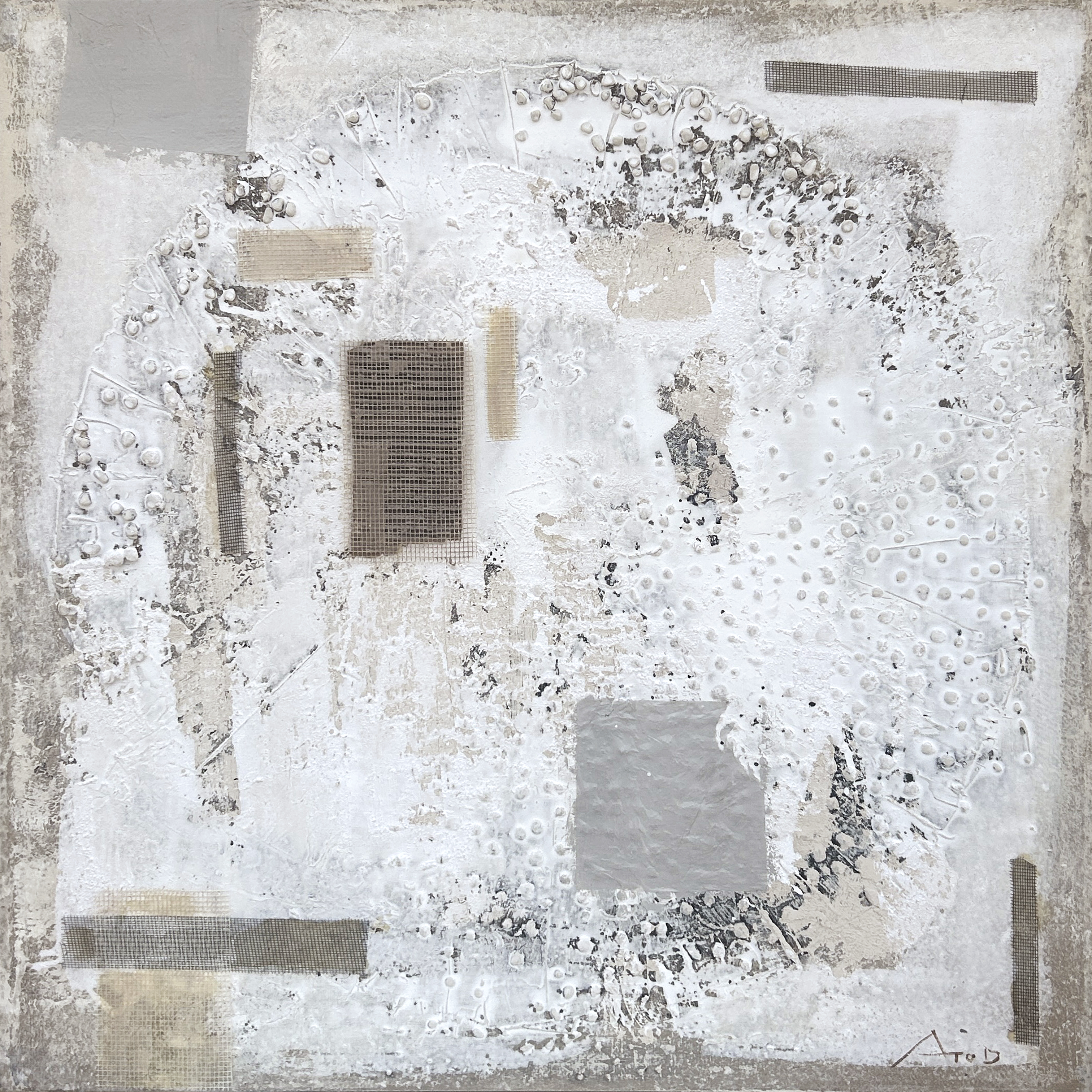 Real abstract artwork with layered white and neutral impasto surface