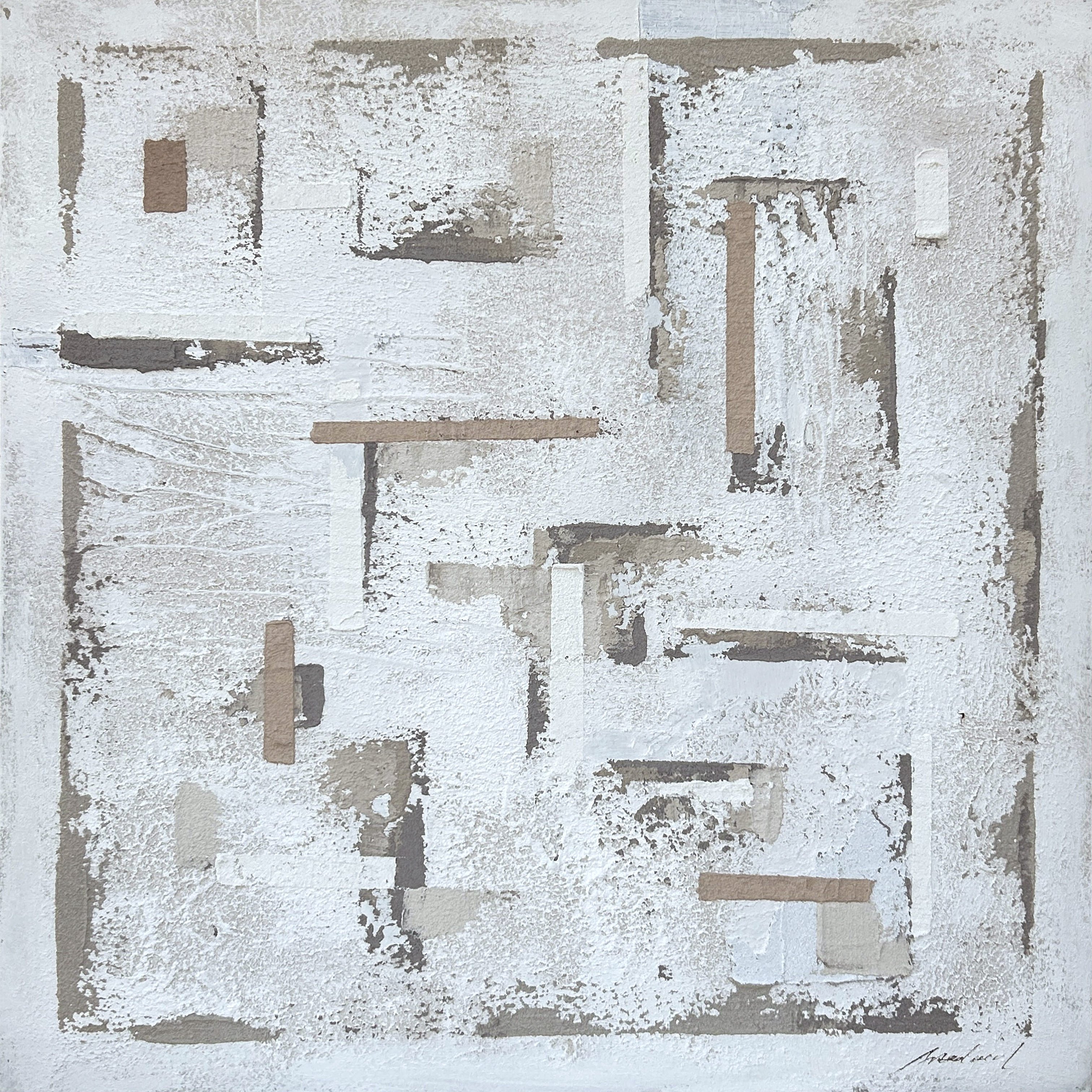 Real abstract painting in white, taupe and soft gray tones