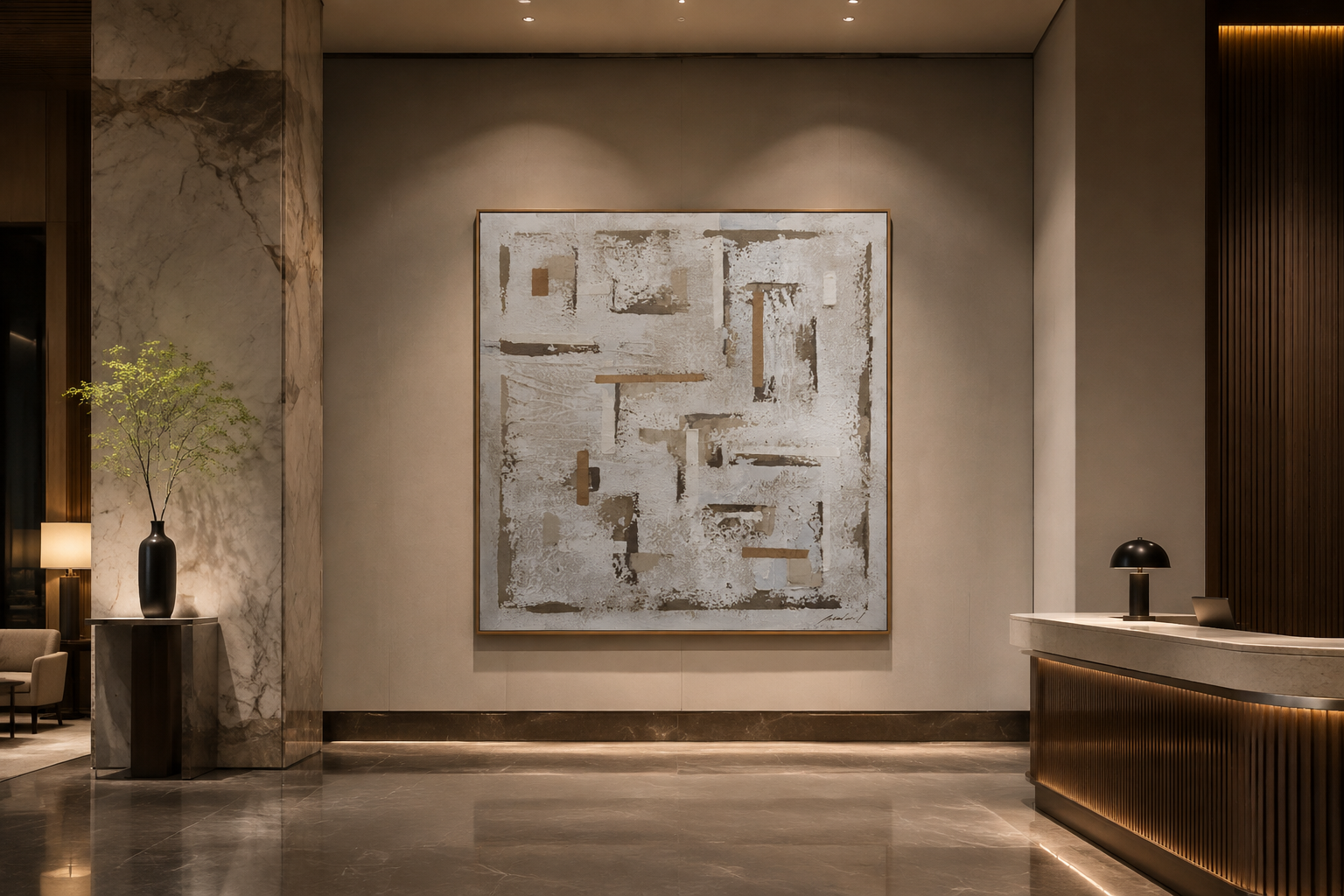 A real ARTODOUR abstract painting displayed in an illustrative modern hospitality interior