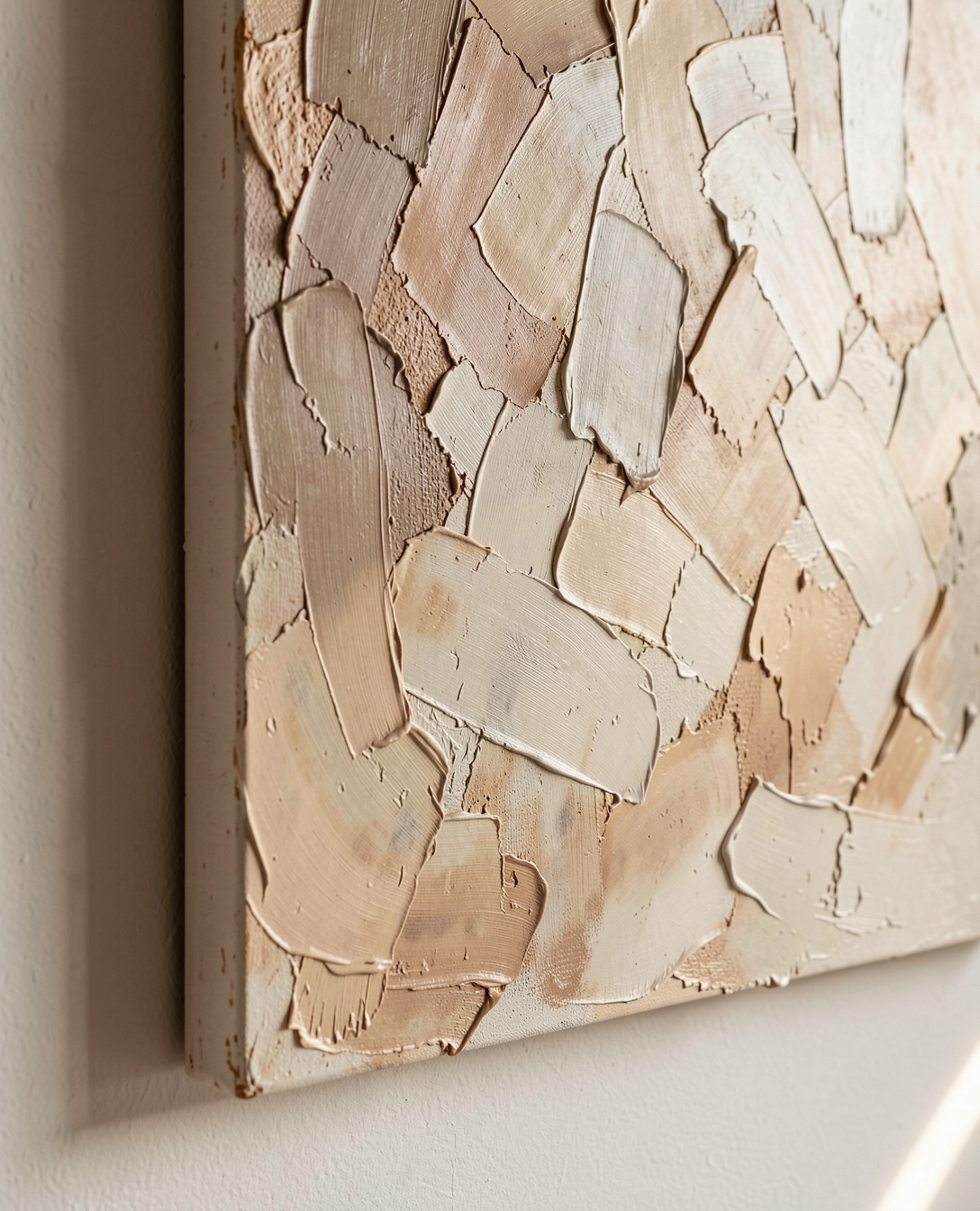 Close-up photograph of raised warm ivory and sand-colored paint strokes